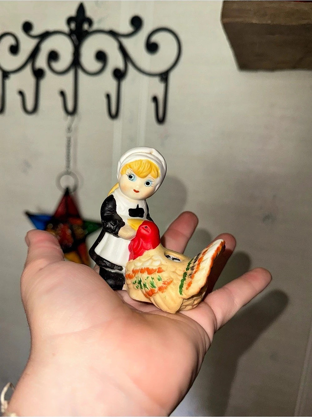 Vintage Hand-Painted Ceramic Pilgrim girl and turkey toothpick holder